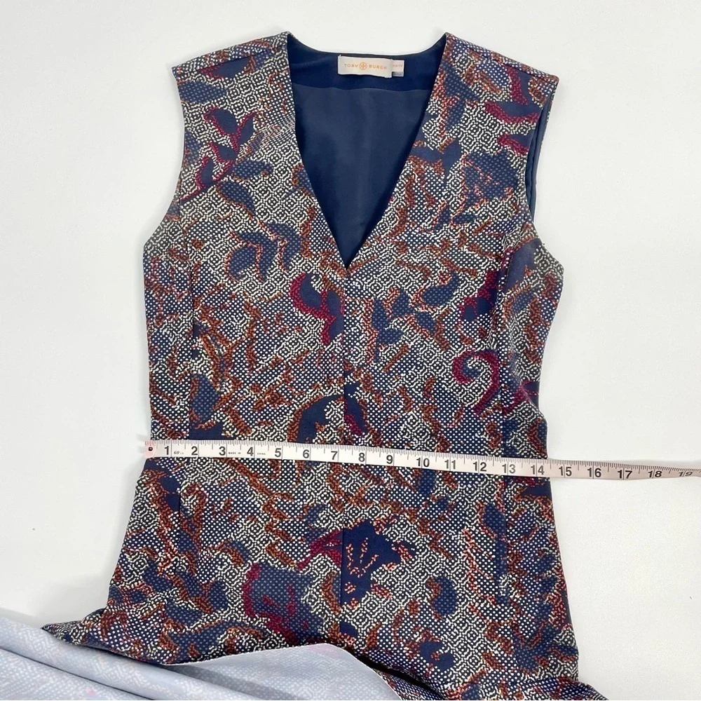 Tory‎ Burch Calico Pixelated Blue Neutral V-Neck Floral Fit n’ Flare Dress Sz XS
